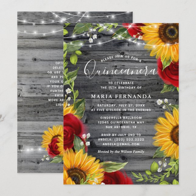 Rustic Sunflower Burgundy Rose Wood Quinceanera Invitation (Front/Back)
