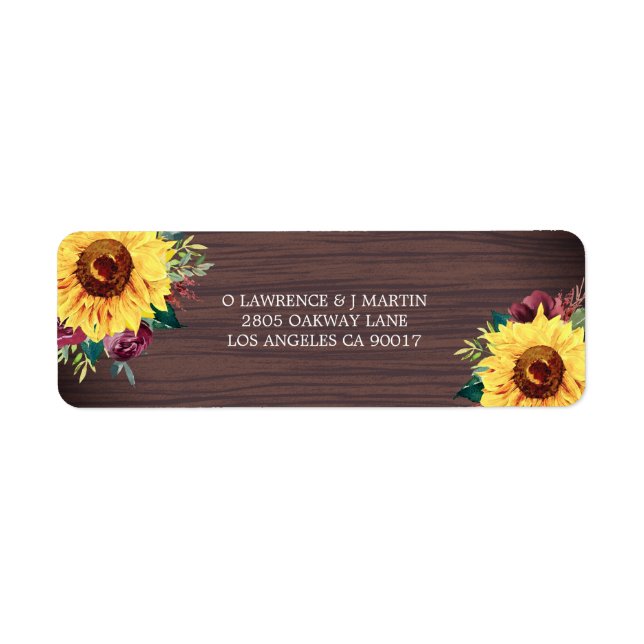 Rustic Sunflower Burgundy Rose Wood Return Address Label (Front)