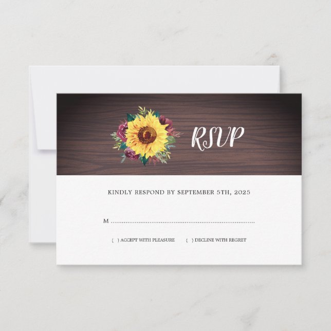 Rustic Sunflower Burgundy Rose Wood Wedding RSVP Card (Front)