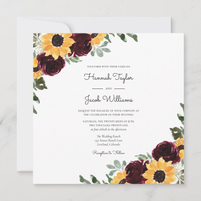 Rustic Sunflower Burgundy Roses Eucalyptus Wedding Invitation (Front)
