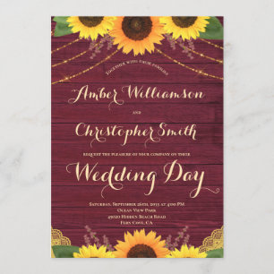 Rustic Sunflower Burgundy String Lights Wedding Invitation
