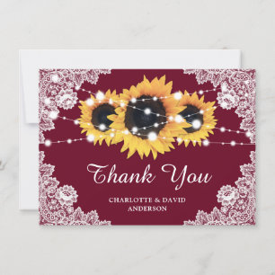 Rustic Sunflower Burgundy Wedding Thank You Card