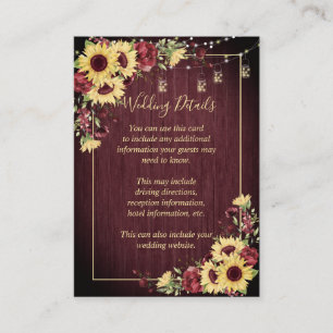 Rustic Sunflower Burgundy Wood Floral Details Enclosure Card