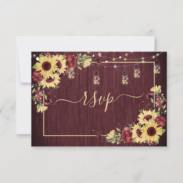 Rustic Sunflower Burgundy Wood Floral RSVP +Menu (Front)