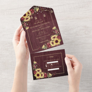 Rustic Sunflower Burgundy Wood Floral Wedding All  In One Invitation