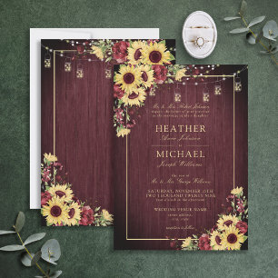 Rustic Sunflower Burgundy Wood Floral Wedding Invi Invitation