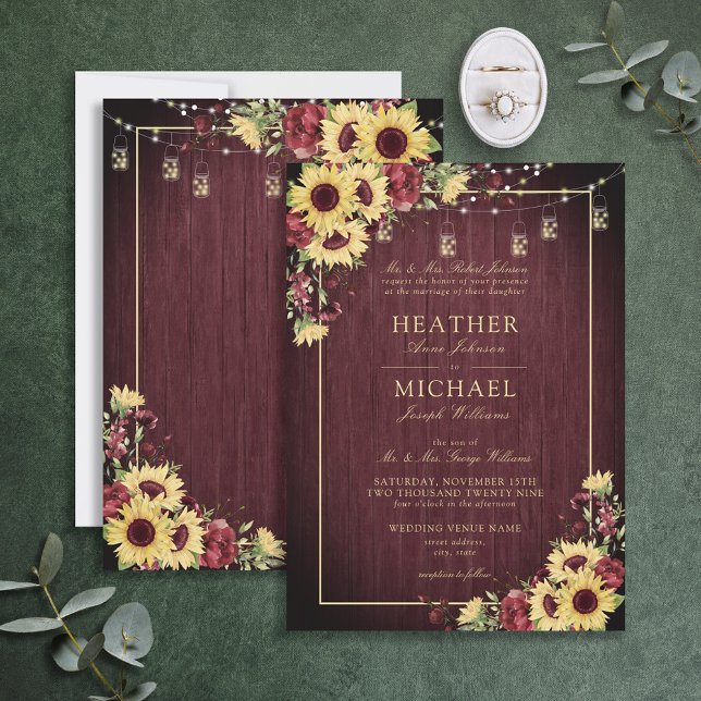 Rustic Sunflower Burgundy Wood Floral Wedding Invi Invitation (Creator Uploaded)