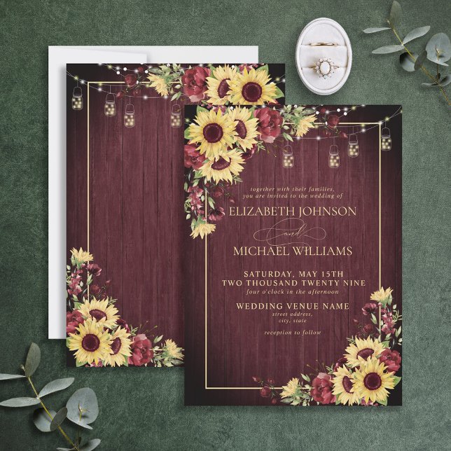 Rustic Sunflower Burgundy Wood Floral Wedding Invi Invitation (Creator Uploaded)
