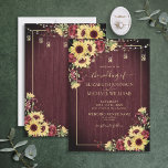 Rustic Sunflower Burgundy Wood Floral Wedding Invitation<br><div class="desc">Create the perfect wedding invitation with this warm, trendy sunflower and burgundy watercolor floral design, featuring a burgundy wood background, sweet string lights and hand lettered script typography. Contact designer for matching products. Thank you sooo much for supporting our small business, we really appreciate it! We are so happy you...</div>