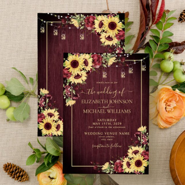 Rustic Sunflower Burgundy Wood Floral Wedding Invitation (Creator Uploaded)