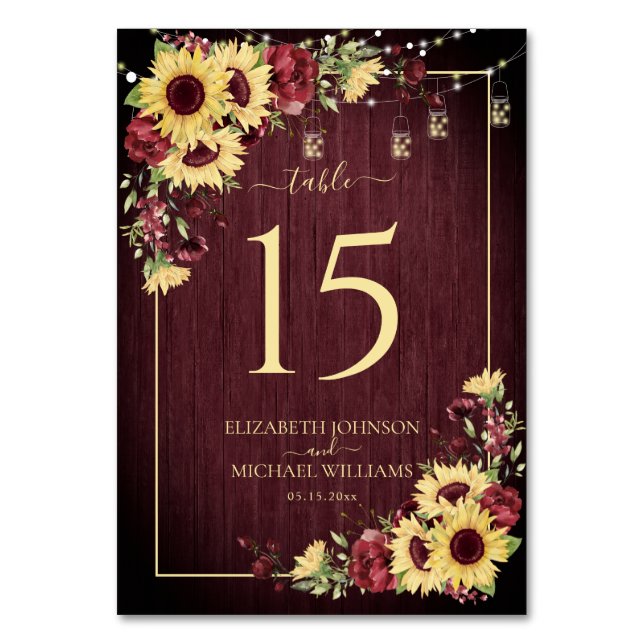 Rustic Sunflower Burgundy Wood Floral Wedding Table Number (Front)