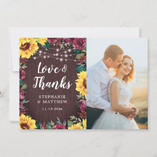 Rustic Sunflower Burgundy Wood Light Wedding Photo Thank You Card