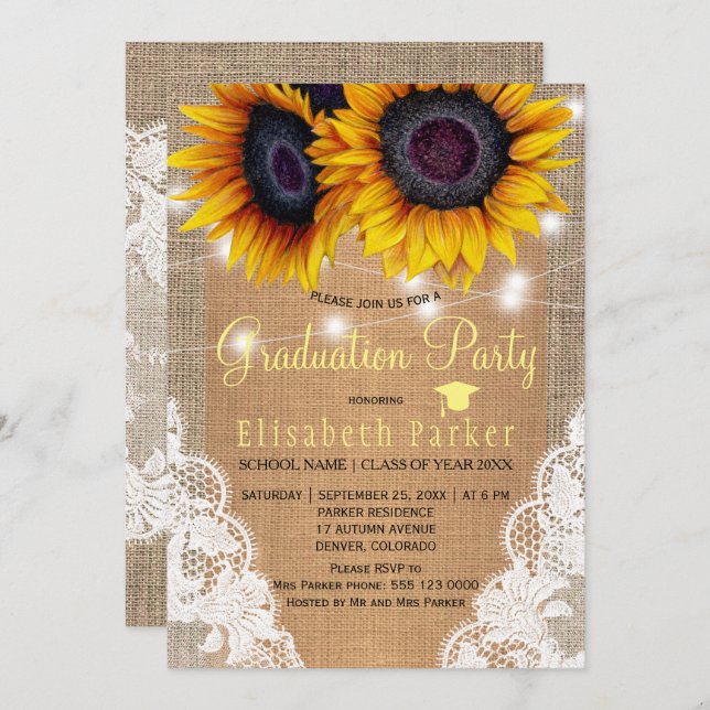 Rustic sunflower burlap and lace graduation party invitation (Front/Back)