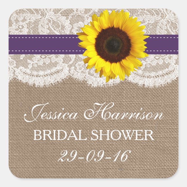 Rustic Sunflower, Burlap & Lace Bridal Shower Square Sticker (Front)