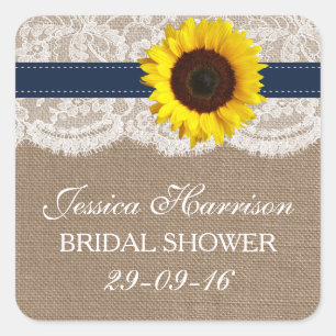 Rustic Sunflower, Burlap & Lace Bridal Shower Square Sticker