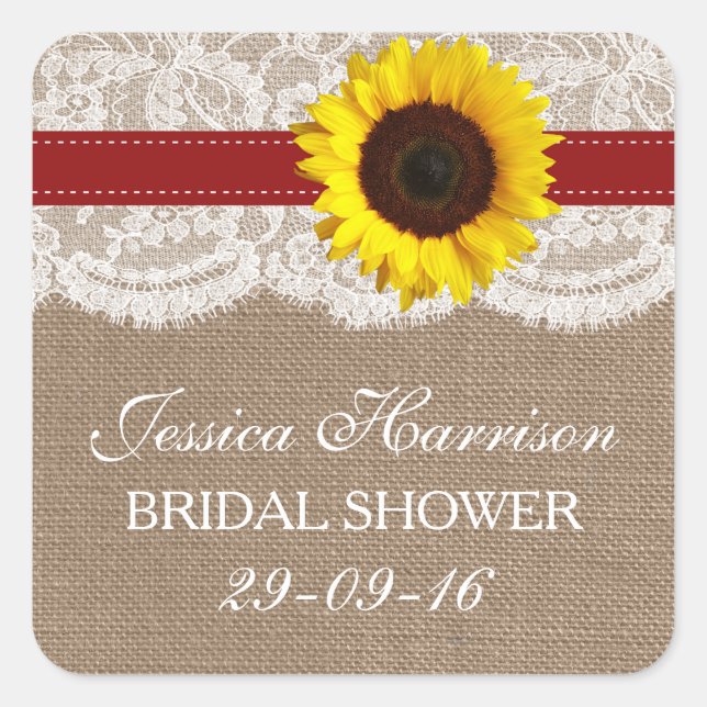 Rustic Sunflower, Burlap & Lace Bridal Shower Square Sticker (Front)