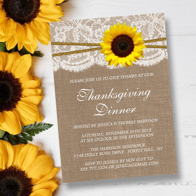 Rustic Sunflower Burlap & Lace Thanksgiving Dinner Invitation (Creator Uploaded)