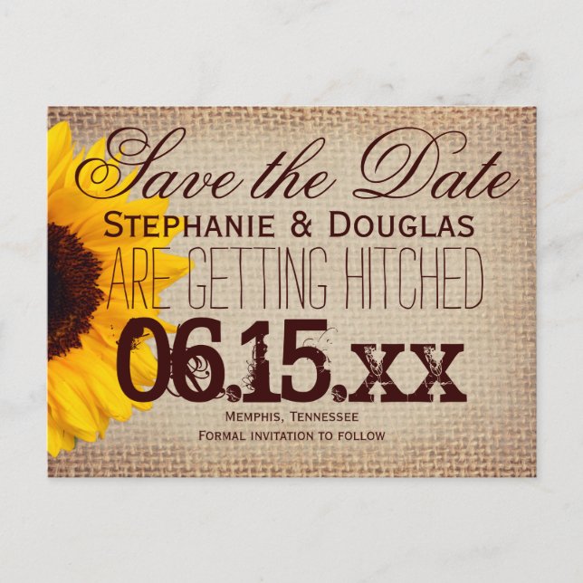 Rustic Sunflower Burlap Save the Date Postcards (Front)