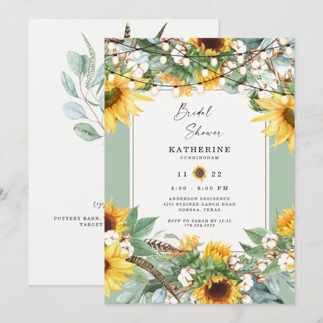 Rustic Sunflower Burst String Lights Sage Bridal  Invitation (Front/Back)
