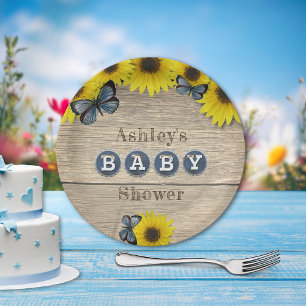Rustic Sunflower Butterflies Baby Shower Paper Plate