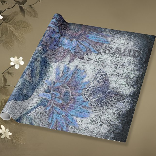Rustic Sunflower Butterfly Blue Ephemeral Wrapping Paper (Creator Uploaded)