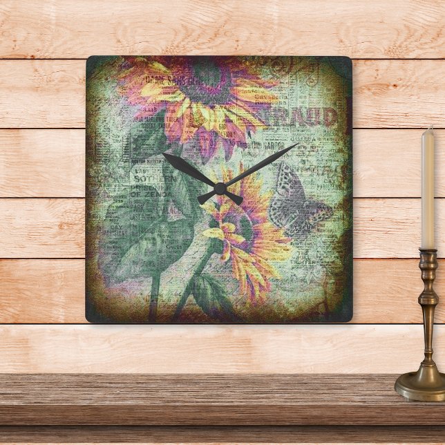 Rustic Sunflower Butterfly Bold Ephemera Square Wall Clock (Creator Uploaded)