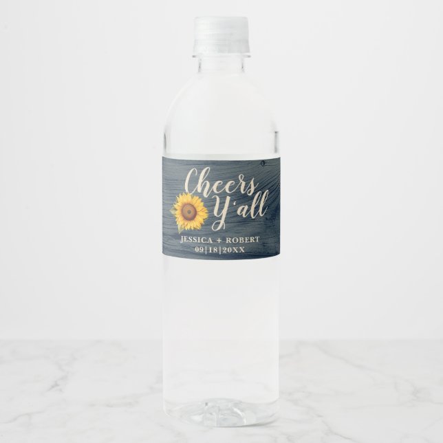 Rustic Sunflower “Cheers Y’all” Water Bottle Label (Front)