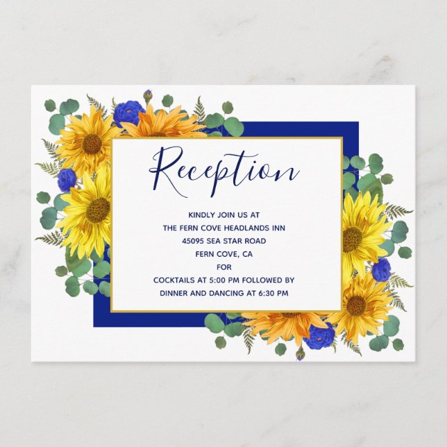Rustic Sunflower Chic Blue Roses Wedding Reception Enclosure Card (Front)