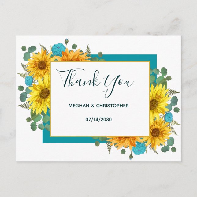Rustic Sunflower Chic Teal Roses Wedding Thank You Postcard (Front)