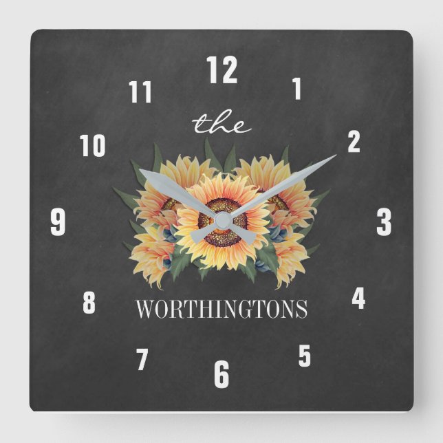 Rustic Sunflower Country Chalkboard Family Name Square Wall Clock (Front)