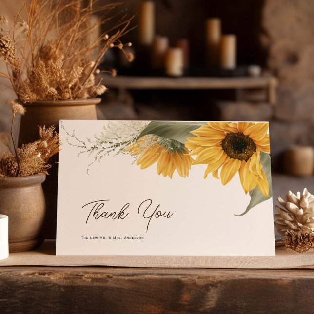 Rustic Sunflower, Country Fall Wedding Thank You Card (Rustic, Sunflower themed, Wedding Thank you cards, A2 folded cards.)