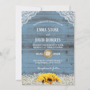Rustic Sunflower Country Floral Blue Barn Wedding Invitation