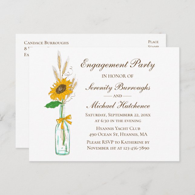 Rustic Sunflower Country Floral Engagement Party Invitation Postcard (Front/Back)