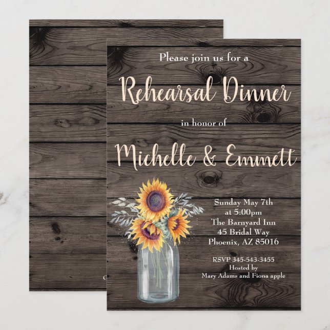 Rustic Sunflower Country Floral Rehearsal Dinner Invitation (Front/Back)