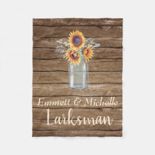 Rustic Sunflower Country Mason Jar Floral Barnyard Fleece Blanket