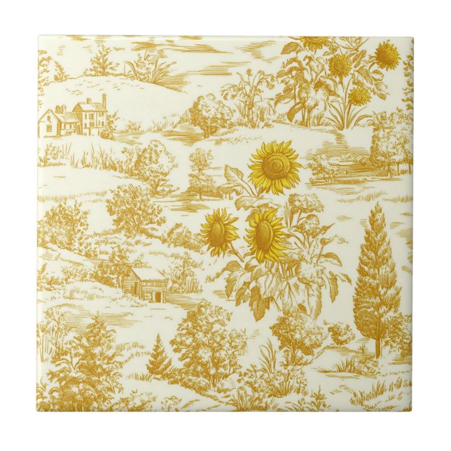 Rustic Sunflower Countryside Toile in Warm Tones Ceramic Tile (Front)