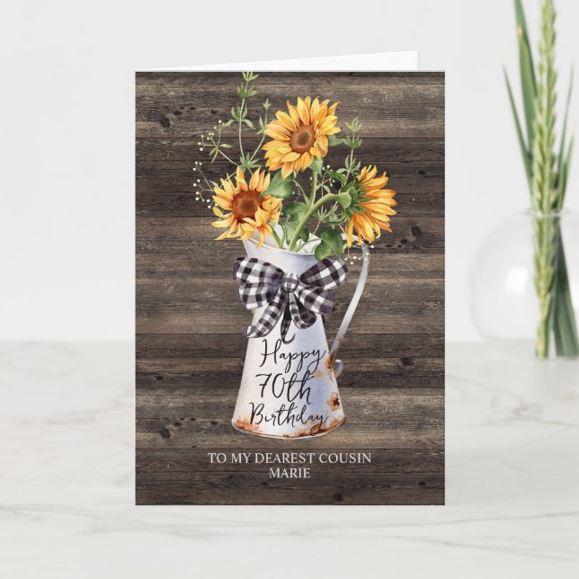 Rustic Sunflower Cousin 70th Birthday Card (Front)