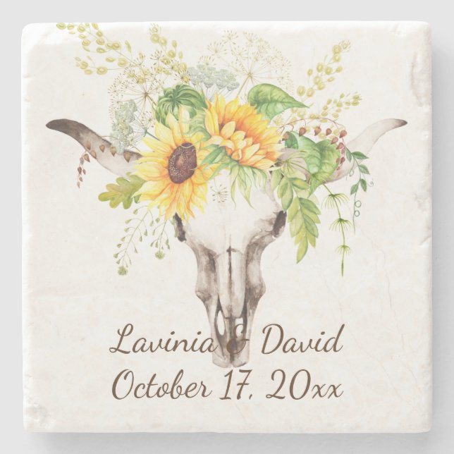 Rustic Sunflower Cow Skull Horns Bouquet Monogram Stone Coaster (Front)