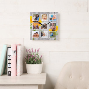 Rustic Sunflower Create Your Custom Photo Collage Square Wall Clock