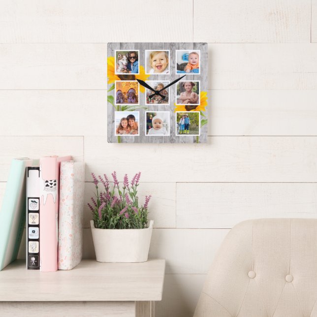 Rustic Sunflower Create Your Custom Photo Collage Square Wall Clock (Reading Room)