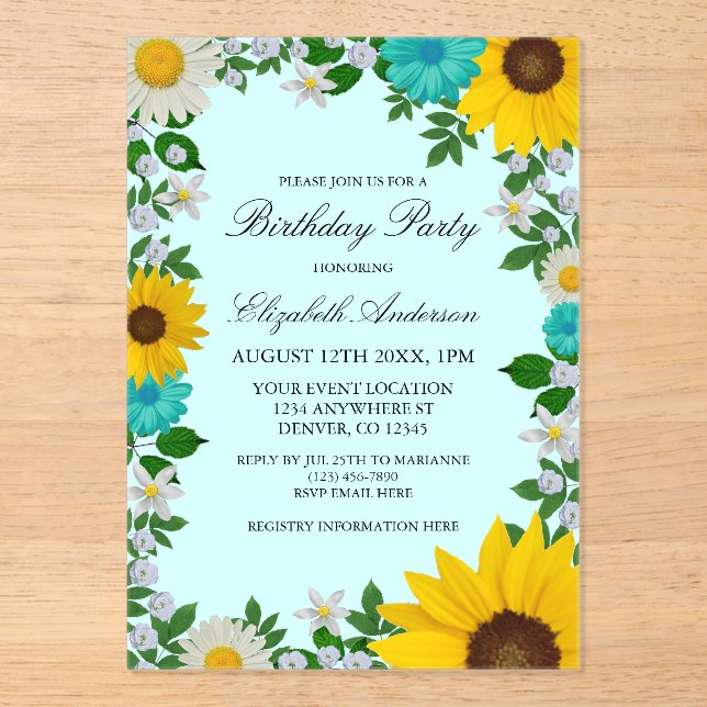 Rustic Sunflower Daisy Floral Birthday Acrylic Invitations (Front)