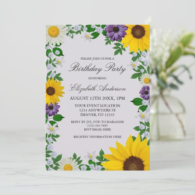 Rustic Sunflower Daisy Floral Birthday Invitation (Standing Front)