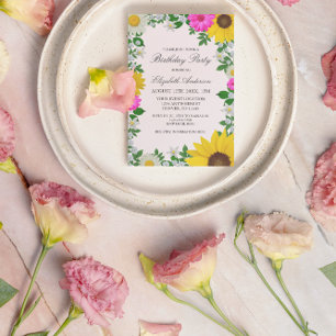 Rustic Sunflower Daisy Floral Birthday Invitation