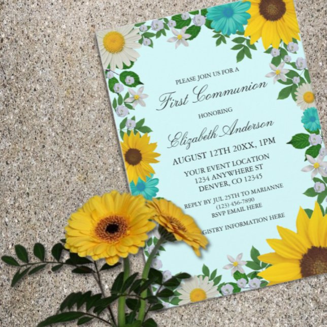 Rustic Sunflower Daisy Floral First Communion Invitation (Creator Uploaded)