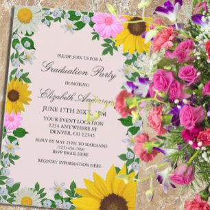 Rustic Sunflower Daisy Floral Graduation Party Invitation
