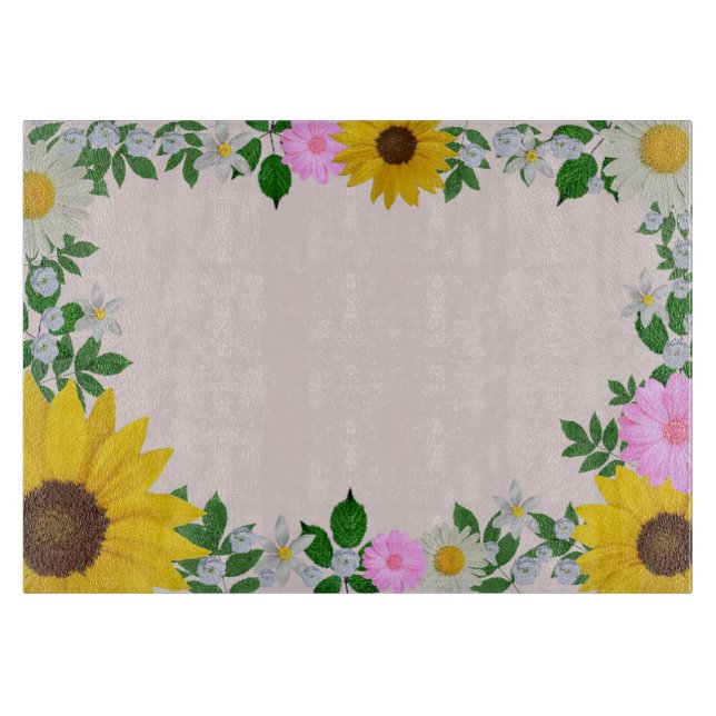 Rustic Sunflower Daisy Floral Pink Cutting Board (Front)