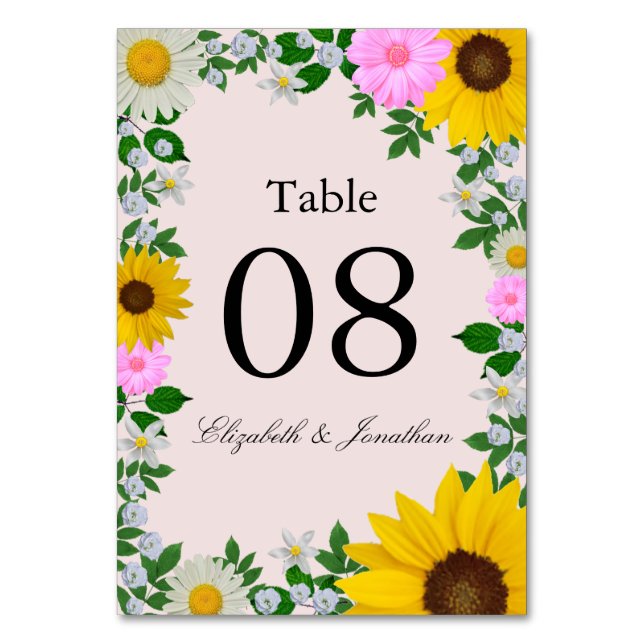Rustic Sunflower Daisy Floral Wedding Table Number (Front)