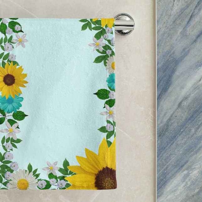 Rustic Sunflower Daisy Teal Floral Hand Towel (Creator Uploaded)