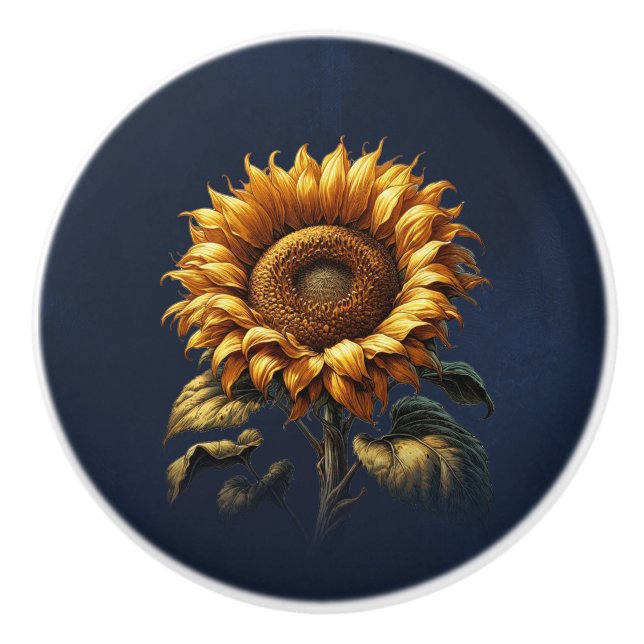 Rustic Sunflower Dark Blue Country Garden Home  Ceramic Knob (Front)
