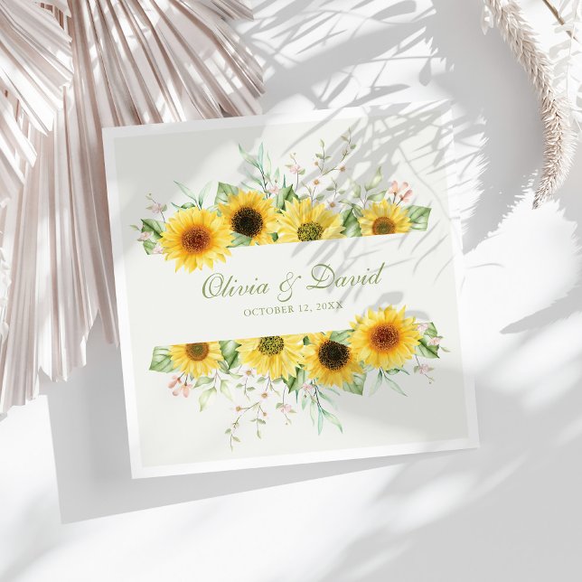 Rustic Sunflower Delight Wedding Napkin (Rustic Sunflower Delight Wedding Paper Dinner Napkins on a sunny white table.)